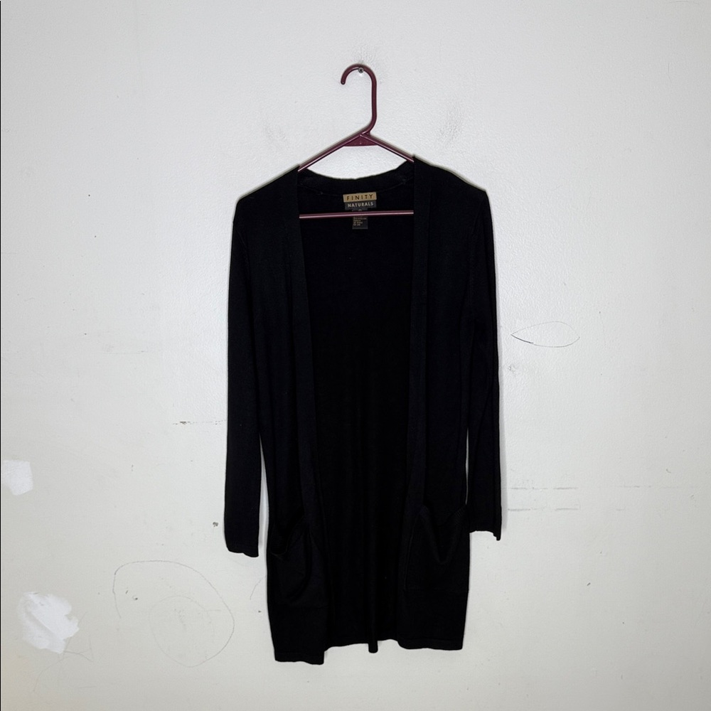 Finity Naturals Rayon Blend Open Front Black Long Cardigan Size Small
